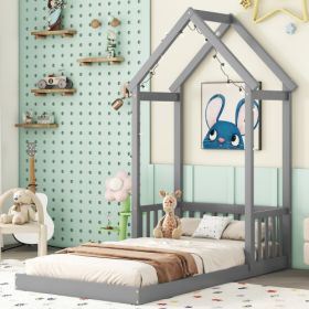 Twin House-shaped Roof Headboard Floor Bed,,without Slats,Grey (Color: grey)