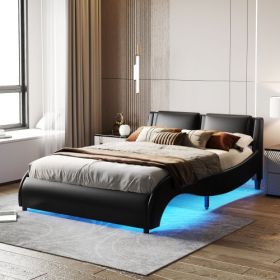 Queen Size Upholstered Faux Leather Platform Bed With LED Light Bed Frame With Slatted - Black (Color: black)