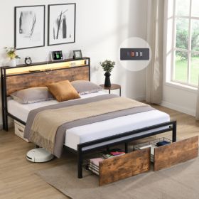 Queen Size Bed Frame With Storage Headboard And 2 Drawers, LED Lights Bed With Charging Station (Option: BlackBrown)