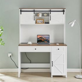 Wooden Home Office Desk With Charging Station (Color: White)