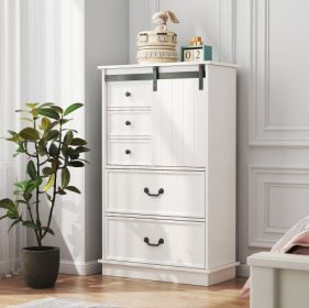 51'' Farmhouse Drawer Chest With Sliding Door, Multi-Storage Drawer Dresser With 5 Drawers And Storage Shelf, Tall Chest Of Drawers With Adjustab (Color: White)