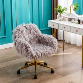 Modern Faux Fur Home Office Chair, Hairy Chair For Girls, Gilded Base Makeup Chair (Color: grey)