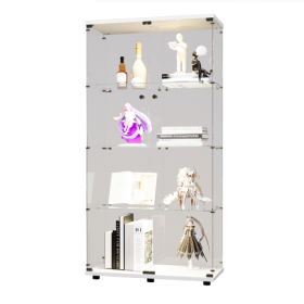 Two-door LED Lights Glass Display Cabinet 4 Shelves With Door, Floor Standing Curio Bookshelf For Living Room Bedroom Office, 64.7x31.7x14.3, Whi (Color: White)