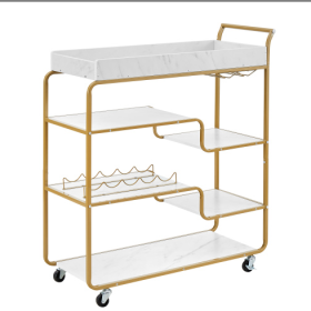 6-Tier Bar Cart, Slide Bar Serving Cart, Retro Style Wine Cart For Kitchen, Beverage Cart With Wine Rack And Glass Holder, Rolling Drink Trolley (Color: Gold)