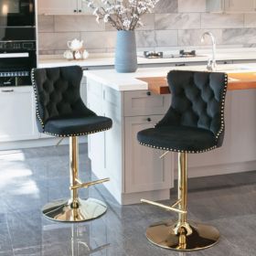 Golden Swivel Velvet Barstools Adjusatble Seat Height From 25-33 Inch Black,Set Of 2 (Color: black)