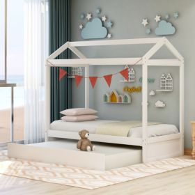 House Bed With Trundle, Can Be Decorated,White (Color: White)