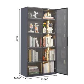 Best Selling New Design Double Door Metal Glass Display Cabinet With Living Room Light Strip (Color: grey)