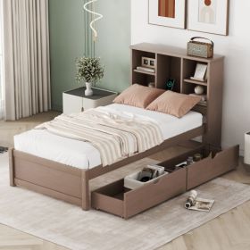 Modern Twin Size Bed Frame With Built-in USB Port On Bookcase Headboard And 2 Drawers For Walnut Color (Option: Walnut)