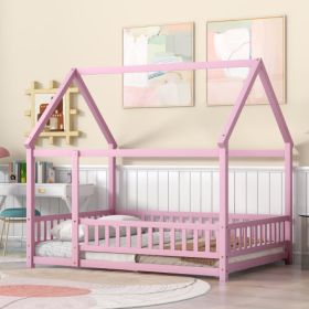 Full Size Floor Wooden Bed With House Roof Frame, Fence Guardrails ,Pink (Color: pink)