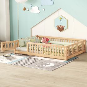 Full Size Bed Floor Bed With Safety Guardrails And Door For Kids, Natural (Option: Natural)