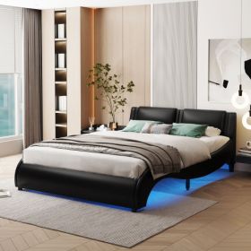 Full Size Upholstered Faux Leather Platform Bed With LED Light Bed Frame With Slatted - Black (Color: black)