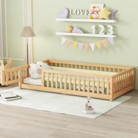 Twin Size Bed Floor Bed With Safety Guardrails And Door For Kids, Natural (Option: Natural)