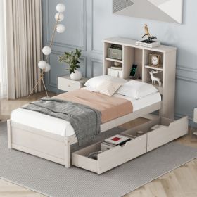 Modern Twin Size Bed Frame With Built-in USB Port On Bookcase Headboard And 2 Drawers For White Washed Color (Option: White Washed)