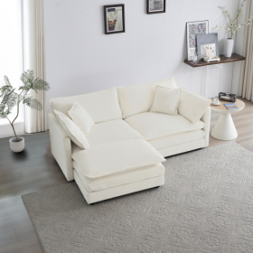 Chenille Two-Seater Sofa With 1 Footrest, 2 Seater L-Shaped Sectional With Ottoman,Loveseat With Ottoman For Small Living Space (Color: White)