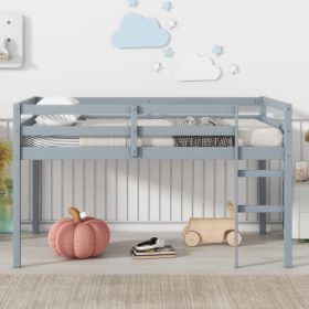 Solid Wooden, Rubber Wooden Twin Loft Bed With Ladder, Bed Platform Of Strengthened Slats , Grey (Color: grey)