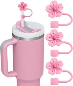 Flower Silicone Straw Lids, 3 Per Pack, For Glasses (Color: pink)