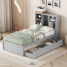 Modern Twin Size Bed Frame With Built-in USB Port On Bookcase Headboard And 2 Drawers For Grey Color (Color: grey)