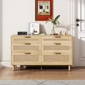 Rattan Dresser With Drawers, 6 Drawer Dresser For Bedroom, Clothes Storage Cabinet For Bedroom, Metal Handle&Wood Legs For Hallway, Living Room, (Option: Natural)