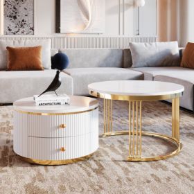 Modern 2-piece White Circular Nested Coffee Table With Drawers, 27.6 Inches (Option: Gold White)