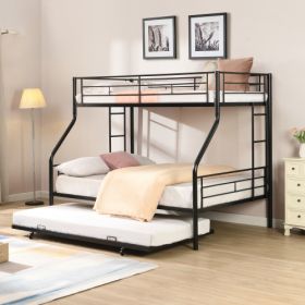 Twin Over Full With Trundle Metal Bunk Bed , No Box Spring Needed, Easy Assemble (Color: black)