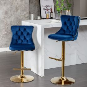 Golden Swivel Velvet Barstools Adjusatble Seat Height From 25-33 Inch Blue,Set Of 2 (Color: Blue)