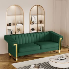 FX-P81PU-GR SOFA Modern Green PU Sofa With Gold Accents - Sleek Channel-Tufted Upholstery, 3-Seat Couch For Living Room And Office DecorTEMU Suit (Option: Retro Green)