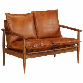 vidaXL 2-Seater Sofa Real Leather with Acacia Wood Brown (Option: as picture)