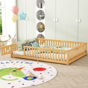 Queen Size Bed Floor Bed With Safety Guardrails And Door For Kids, Natural (Option: Natural)