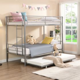 METAL BUNK BED WITH TRUNDLE SILVER (Color: Silver)