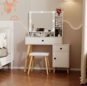 Dressing Table With Hollywood LED Mirror, Light Adjustable Brightness, Dressing Table, Padded Stool Set, White, Wooden Cosmetic Table With Drawer And (Color: White)