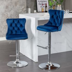 Swivel Velvet Barstools Adjusatble Seat Height From 25-33 Inch Blue,Set Of 2 (Color: Blue)