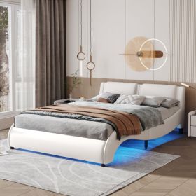 Queen Size Upholstered Faux Leather Platform Bed With LED Light Bed Frame With Slatted - White (Color: White)