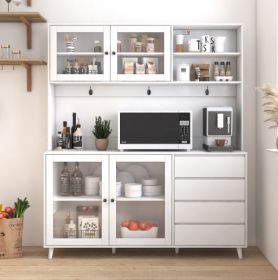 63W Large Kitchen Hutch Cabinet, Freestanding Pantry Cabinets Storage Kitchen Cupboard With 4 Doors, 4 Drawers & Microwave Shelf, White (Color: White)