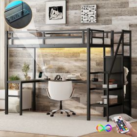 Twin XL Size Loft Bed With L-shaped Desk And USB, Metal Loft Bed With Wardrobe And Adjustable Shelf, High Loft Bed With LED For Kids Teens Adults (Color: black)