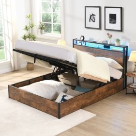 Lift-up Storage Bed Frame, Full Size Bed Frame With Bookcase Headboard & LED Lights, Wooden Platform Bed Frame With Charging Station, No Spring B (Option: Rustic Brown)