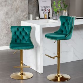 Golden Swivel Velvet Barstools Adjusatble Seat Height From 25-33 Inch Green,Set Of 2 (Color: Green)