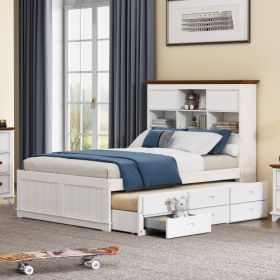 Solid Pine Captain Bookcase Bed With Trundle Bed And 3 Spacious Under Bed Drawers In Casual,Full, White Walnut (Option: WhiteWalnut)