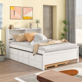 Full Bed With Bookcase,Twin Trundle,Drawers,White (Color: White)