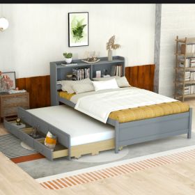 Full Size Bed With USB Type-C Ports, LED Light, Bookcase Headboard, Trundle And 3 Storage Drawers , Full Size Size Bed With Bookcase Headboard, T (Color: grey)