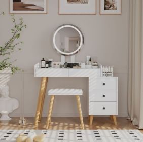 Dressing Table With LED Lights Glass Top Dressing Table With Extendable Side Table 5 Drawers Dressing Table With Mirror And Stool For Bedroom (Color: White)