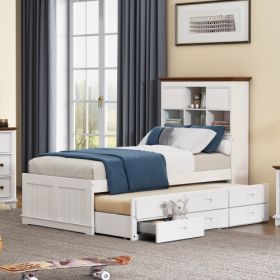 Solid Pine Captain Bookcase Bed With Trundle Bed And 3 Spacious Under Bed Drawers In Casual,Twin, White Walnut (Option: WhiteWalnut)