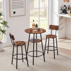 Round Bar Stool Set With Shelves, Stool With Backrest Rustic Brown (Option: Rustic Brown)