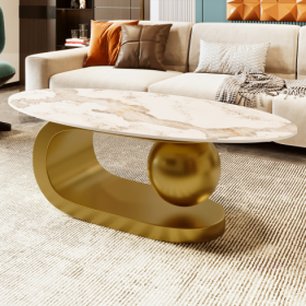 Modern Oval Coffee Table For Living Room, Marble Pattern Sintered Stone Coffee Tabletop With Gold Stainless Steel Base In 47.2 (Option: White Gold)