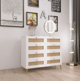 White Color 8 Drawers Chest Of Drawers With Rattan Drawer Face Golden Legs And Handles (Color: White)