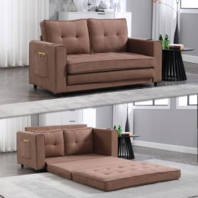 VIDEO Provided 3-in-1 Upholstered Futon Sofa Convertible Floor Sofa Bed,Foldable Tufted Loveseat With Pull Out Sleeper Couch Bed (Color: Brown)