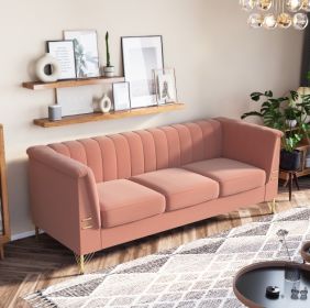 FX-P82-PKSOFAModern Designs Velvet Upholstered Living Room Sofa, 3 Seat Sofa Couch With Golden Metal Legs For Home, Apartment Or Office Pink SOFA (Color: pink)