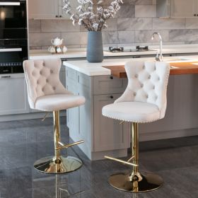 Golden Swivel Velvet Barstools Adjusatble Seat Height From 25-33 Inch Beige,Set Of 2 (Color: Beige)