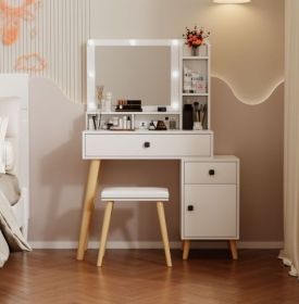 Dressing Table With Hollywood LED Mirror, Light Adjustable Brightness, Dressing Table, Padded Stool Set, White, Wooden Cosmetic Table With Drawer (Color: White)